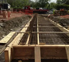 Wood formwork and reinforcing steel bars use in construction site